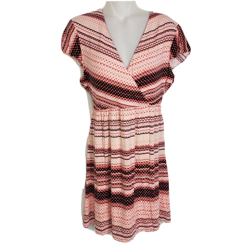 Dakini Womens Large Wrap Dress Striped Dot Detail V-Neck Stretch Cap Sleeve Ties